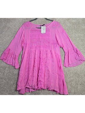 S.R. Fashions Boho Mini Tunic Dress Lightweight Embroidered Flowing Women L NWT